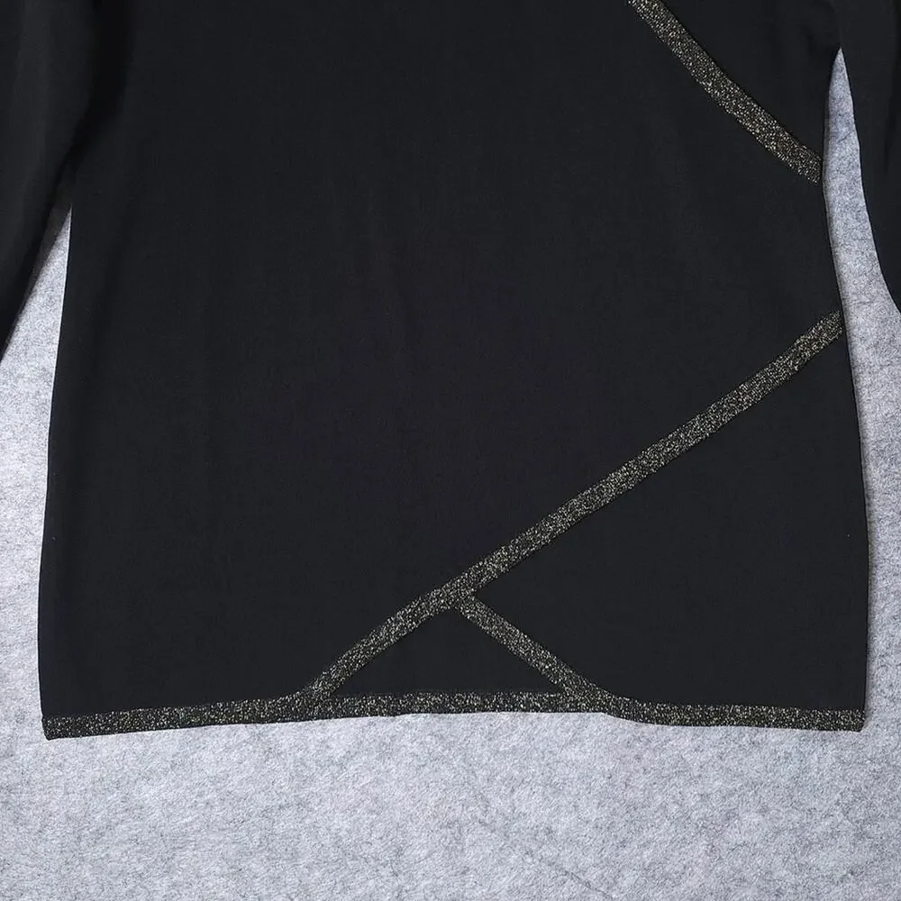 Misook Black Knit Tunic Top Womens Size Large V-Neck 3/4 Sleeve Gold Trim